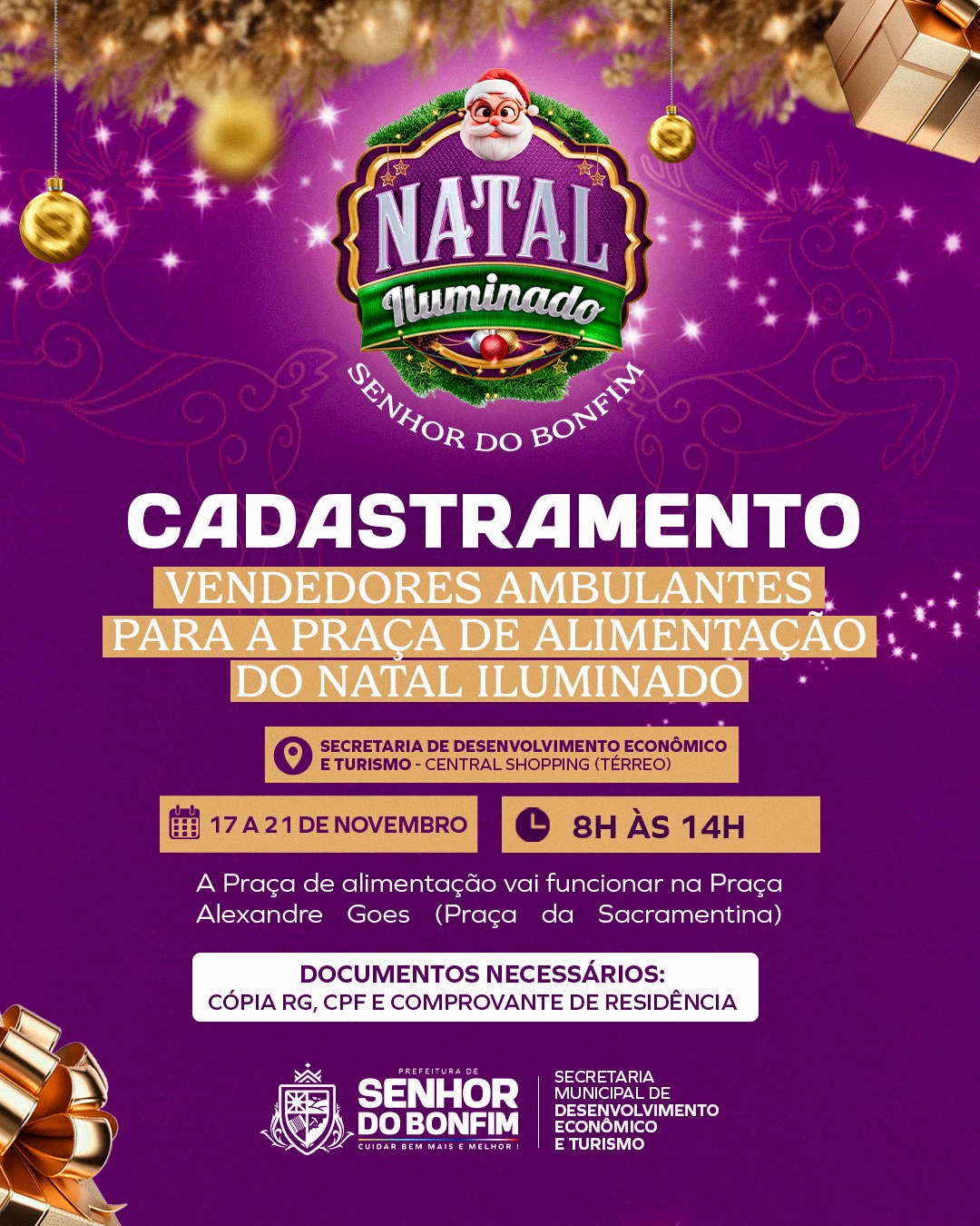 Prefeitura de Senhor do Bonfim inicia cadastramento de ambulantes para Praça de Alimentação do Natal Iluminado